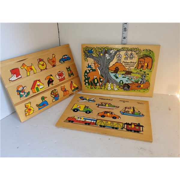 Lot of 3 Vintage Wooden Puzzles - In Fantastic Condition, Fisher Price, Disney, Simplex Toys
