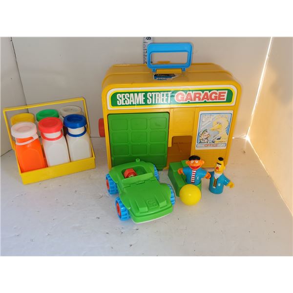 Vintage Sesame Street Garage with Bert and Ernie + Vtg Milk Bottle Play Toy