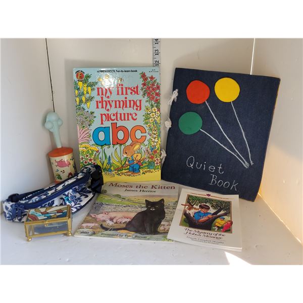 Lot of Vintage Toys, Books, Glass Mirrored Trinket Box (baby rattle works perfectly)