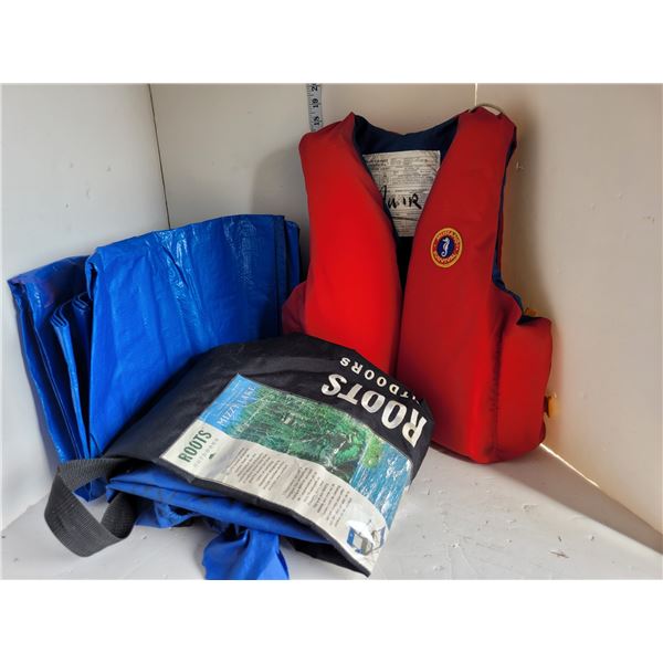 Adult Med-Lg Life Jacket + 10x10 Tarp (Very Clean or New) + Camping Chair Bag + Sleeping Bag Bags