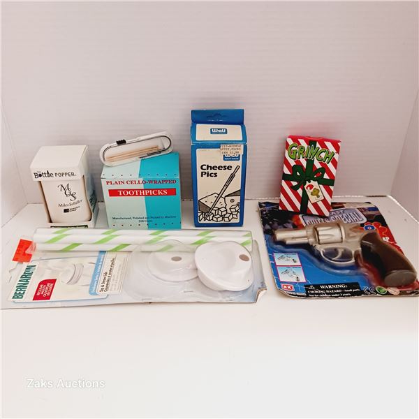 Lot of Misc Items, Diecast Cap Gun, Grinch Card Game, Toothpicks & More