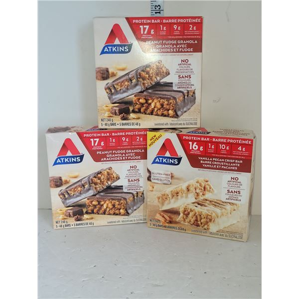 Lot of 3 Atkins Protein Bars - Peanut Fudge/Vanilla Pecan - BB  May June 2024