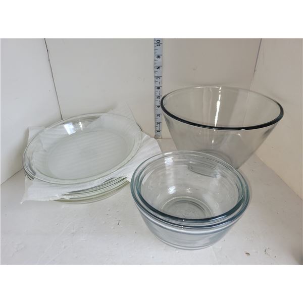Lot of Glass Pie Plates, 3 Glass Mixing Bowls - Anchor Hocking, Pyrex