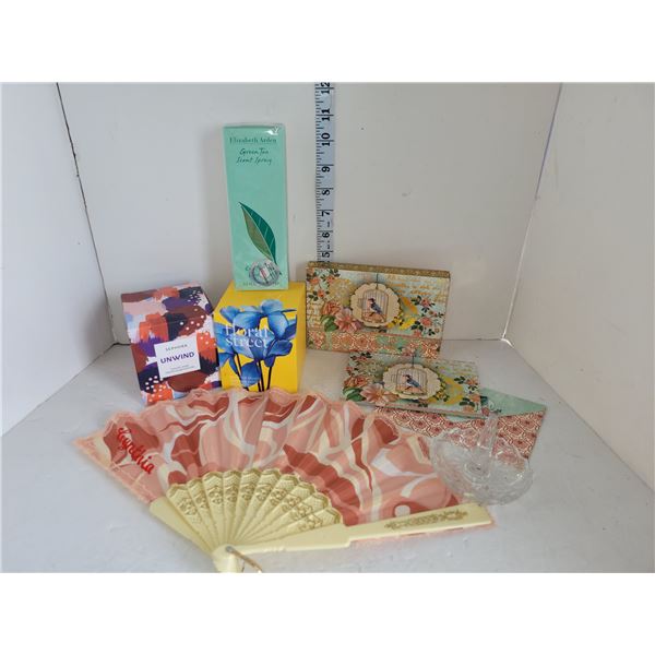 Ladies Lot - 2 New Candles, New Elizabeth Arden Green Tea Scent Spray, Fan, Ring Holder, Stationary