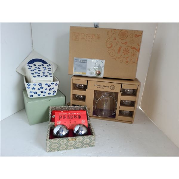 Asian Lot - 4 Piece (new) Dishware + Healthy Living Tea Gift Set + Boading Balls