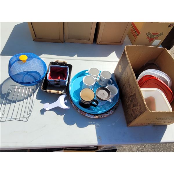 Large Lot of Kitchen Houseware Items, Large Metal Plates + Kurgo Dog Bin