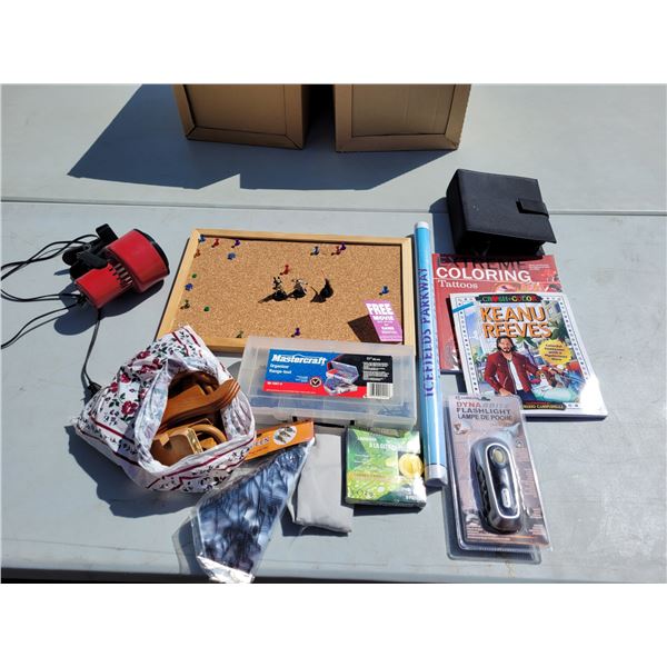 Mixed Estate Lot - Cork Board, Wooden Curtain Holder, Colouring Books, etc