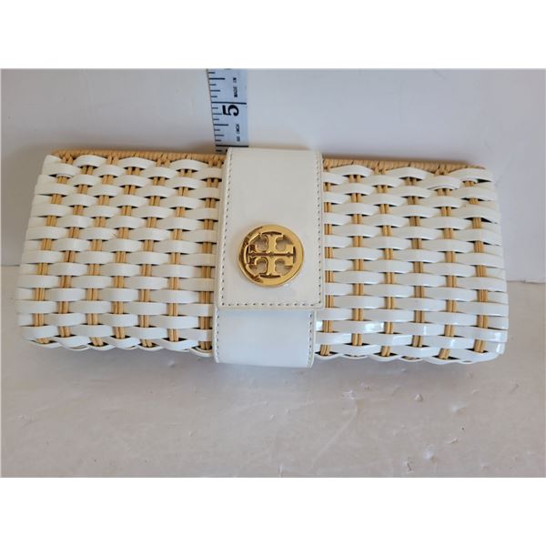 Tory Burch White Brown Patent Leather Rattan Clutch
