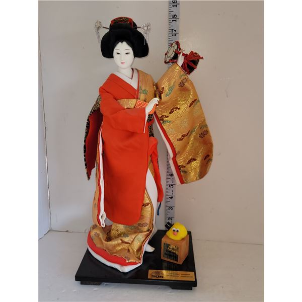 Kyguetsu Doll Japanese Geisha Doll on Stand - Was Given as a Gift by SUN Japan Fruit Growers