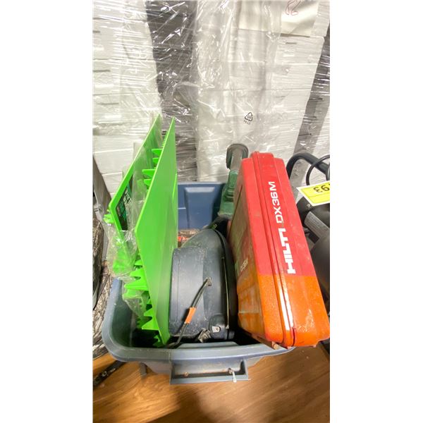 BIN OF WRENCH ORGANIZERS, CD PLAYER, & ASSORTED POWER TOOL PARTS *BIN INCLUDED*