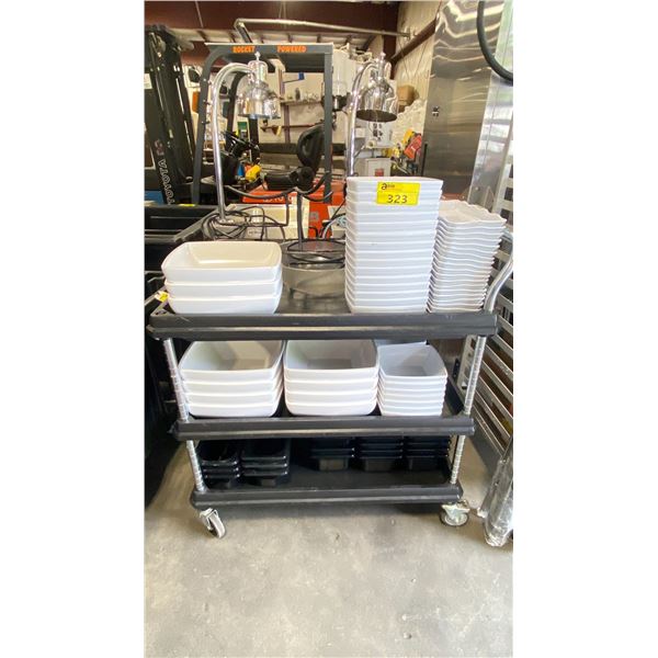 3 SHELVES OF ASSORTED COMMERCIAL RESTAURANT DISHWARE, SERVING BOWLS, & PLASTIC INSERTS *MOBILE CART