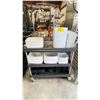 Image 1 : 3 SHELVES OF ASSORTED COMMERCIAL RESTAURANT DISHWARE, SERVING BOWLS, & PLASTIC INSERTS *MOBILE CART