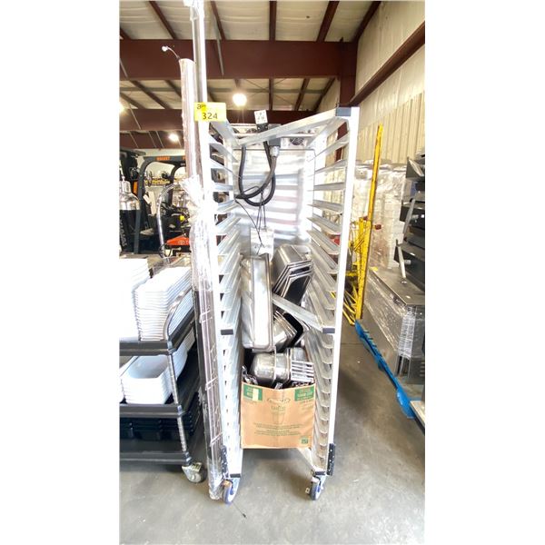 20 TRAY ALUMINUM MOBILE COMMERCIAL BAKERS RACK WITH HEAT LAMPS & BOX OF ASSORTED STAINLESS STEEL