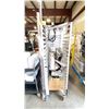 Image 1 : 20 TRAY ALUMINUM MOBILE COMMERCIAL BAKERS RACK WITH HEAT LAMPS & BOX OF ASSORTED STAINLESS STEEL