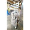 Image 2 : 20 TRAY ALUMINUM MOBILE COMMERCIAL BAKERS RACK WITH HEAT LAMPS & BOX OF ASSORTED STAINLESS STEEL