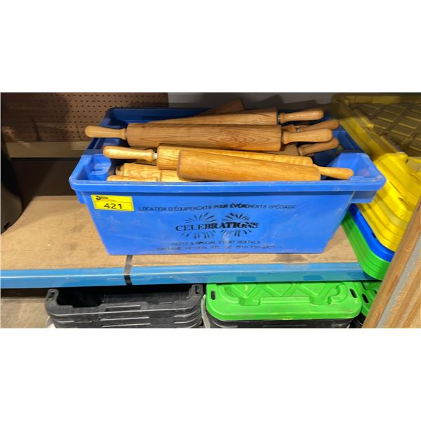 BLUE PLASTIC BIN OF COMMERCIAL WOODEN ROLLING PINS *BIN INCLUDED*
