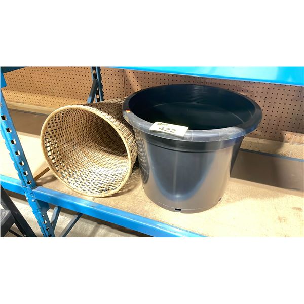 WOVEN WICKER WASTE BASKET & PLASTIC FLOWER POT