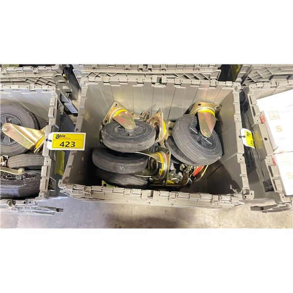 PLASTIC BIN WITH 2 SETS OF 4 RUBBER 8" INDUSTRIAL REPLACEMENT CASTERS WITH 4 LOCKING CASTERS