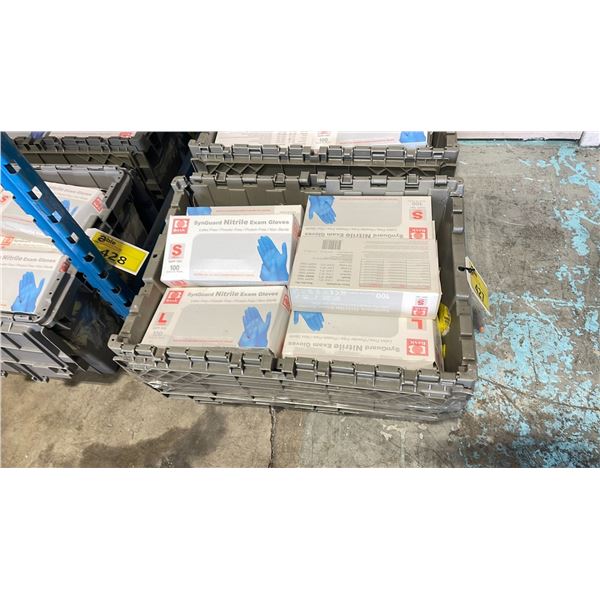 PLASTIC BIN OF 20 BOXES OF BASIC SIZE SMALL 100 PACK SYNGUARD NITRILE EXAM GLOVES