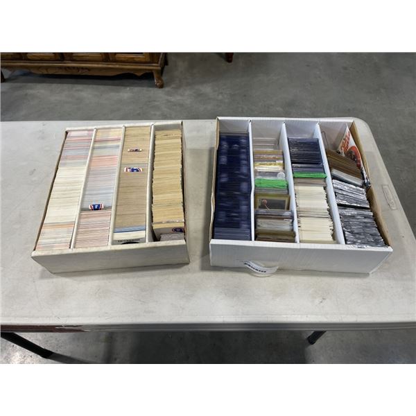 2 LARGE BOXES OF ASSORTED HOCKEY AND BASEBALL CARDS AND PROTECTIVE SLEEVES ETC.