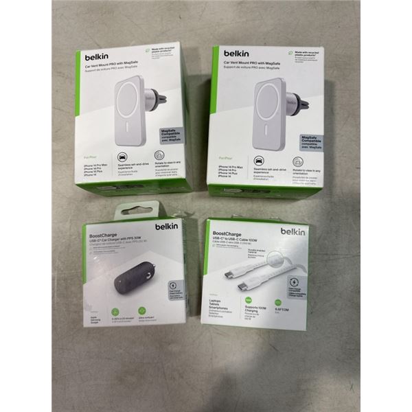 2 BELKIN CAR VENT MOUNTS WITH MAGSAFE, USB-A TO USB-C CABLE AND USB-C CAR CHARGER 20W
