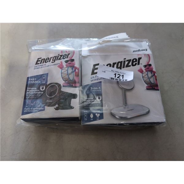 ENERGIZER 3 IN 1 MAGNETIC WIRELESS CHARGING STAND, WHITE/METAL, AND ULTIMATE WIRELESS CAR CHARGER, T