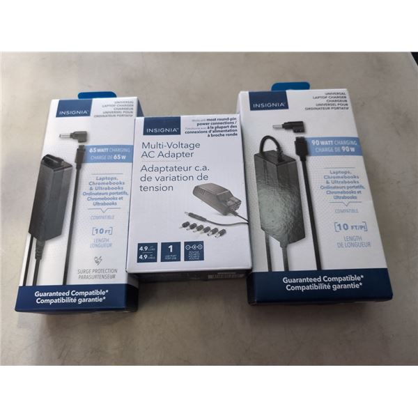 3 INSIGNIA UNIVERSAL LAPTOP CHARGERS, 65 WATT, 90 WAT AND MULTI VOLTAGE