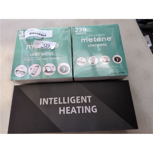 NEW HEATED GLOVES AND 2 ALCOHOL WIPE BOXES, 220 AND 300PC COUNTS