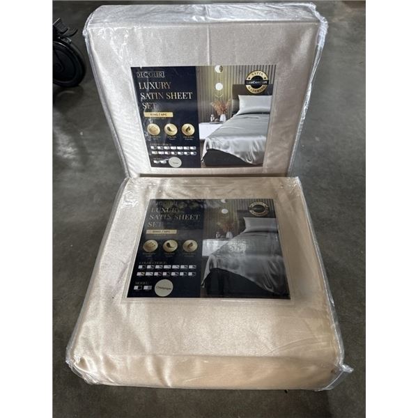 2 NEW  KINGSIZE 4PC LUXURY SATIN SHEET SETS, CHAMPAGNE AND TAUPE