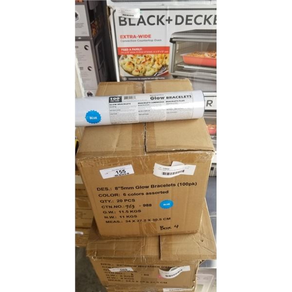 NEW CASE OF 8" GLOW BRACELETS, BLUE, 20 TUBES OF 100, 2,000 TOTAL BRACELETS