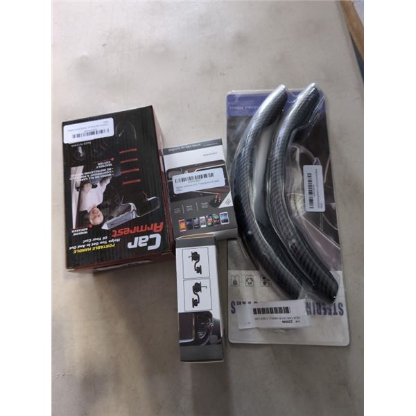 NEW CAR DOOR HANDLE, 2 NEW CAR MAGNETIC PHONE HOLDERS AND NEW CARBON FIBRE STEERING WHEEL COVER