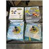 Image 1 : 2 NEW POOL RACER INFLATABLES WITH WATER WINGS, AND 2 PREXTETX 2 IN 1 CARTOON POLICE AND RACE CAR SET