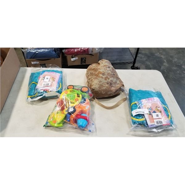 GHILLIE SUIT, 2 RACER POOL INFLATABLES WITH WATER WINGS AND 2 IN 1 CARTOON TRUCK AND TRACTOR SET