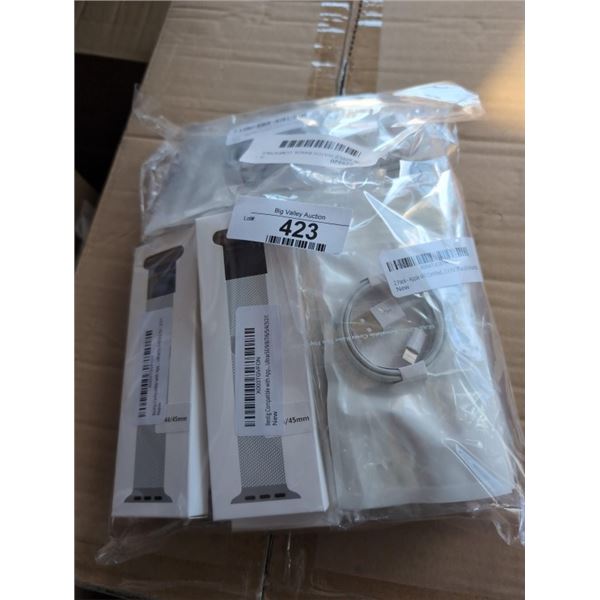 4 NEW APPLE WATCH BANDS, COMPATIBLE WITH 42,44,45MM WATCHES, 8 NEW USB TO LIGHTNING CHARGERS AND 4 N