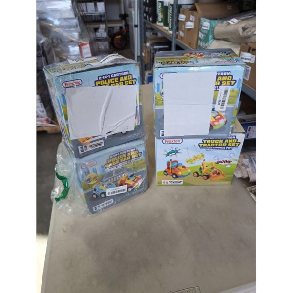 2 IN 1 CARTOON TRUCK AND TRACTOR SET AND THREE TWO IN 1 POLICE AND RACE CAR SETS