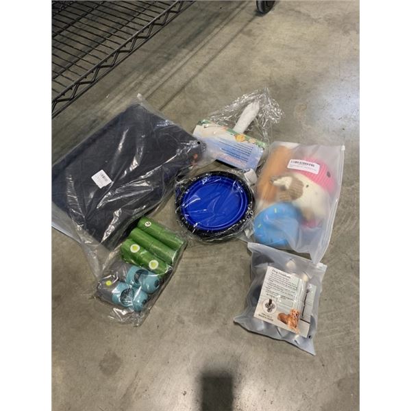DASSORTED DOG ITEMS SUCH AS TOYS, BELLS AND WASTE BAGGIES WITH LED LIGHT AND MORE