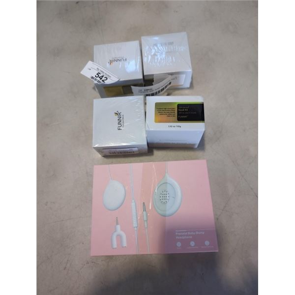 PRENATAL BABY BUMP HEADPHONE, AND 4 NEW FUNNIR SNAIL 92 ALL IN ONE REPAIR CREAM