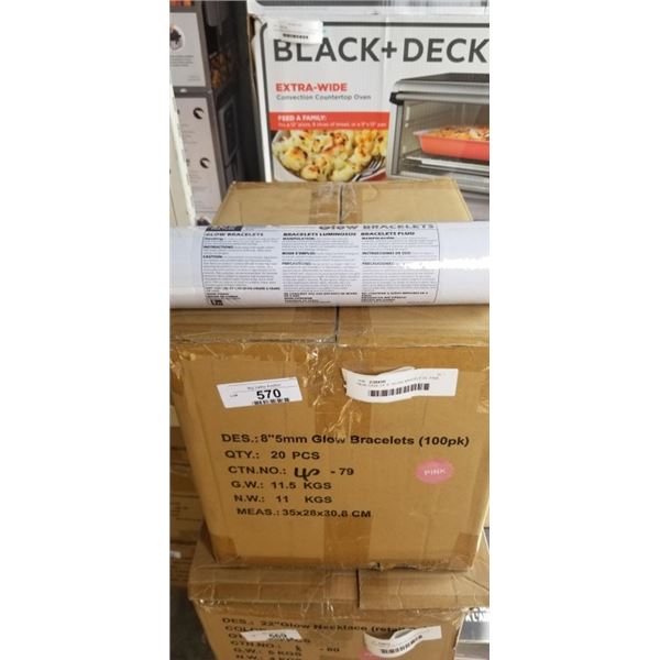 NEW CASE OF 8" GLOW BRACELETS, PINK, 20 TUBES OF 100, 2,000 TOTAL BRACELETS