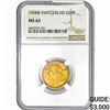 Image 1 : 1908 B Switzerland .186oz Gold 20 Francs NGC MS62