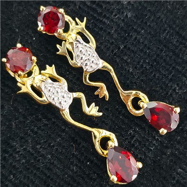 GOLD PLATED SILVER GARNET CZ(0.95CT) GOLD RHODIUM PLATED EARRINGS (~WEIGHT 3.1G)