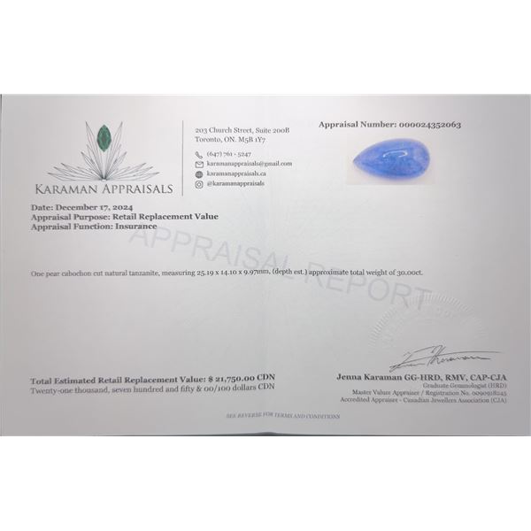 30 CT CERTIFIED TANZANITE GEMSTONE ($21,750 APPRAISAL) -