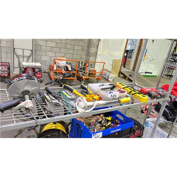 SHELF OF ASSORTED ITEMS INCLUDING; RIDGID KWIK-SPIN, FOLDING 18  BOLT CUTTERS, EXTENSION CORD & MORE