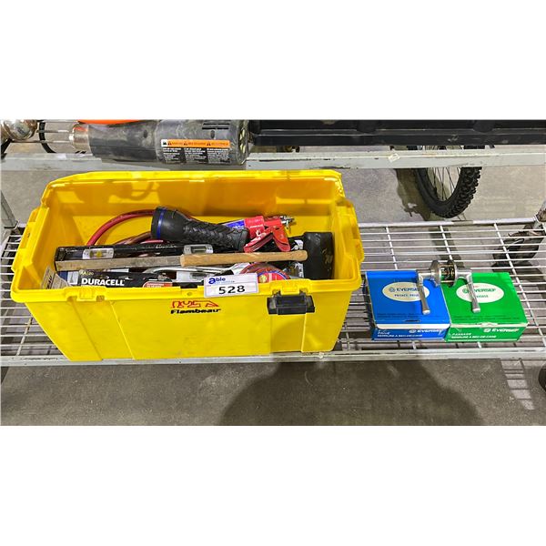 SHELF OF ASSORTED ITEMS INCLUDING; MALLET, AIR HOSE, BATTERIES, DOOR HANDLES & MORE