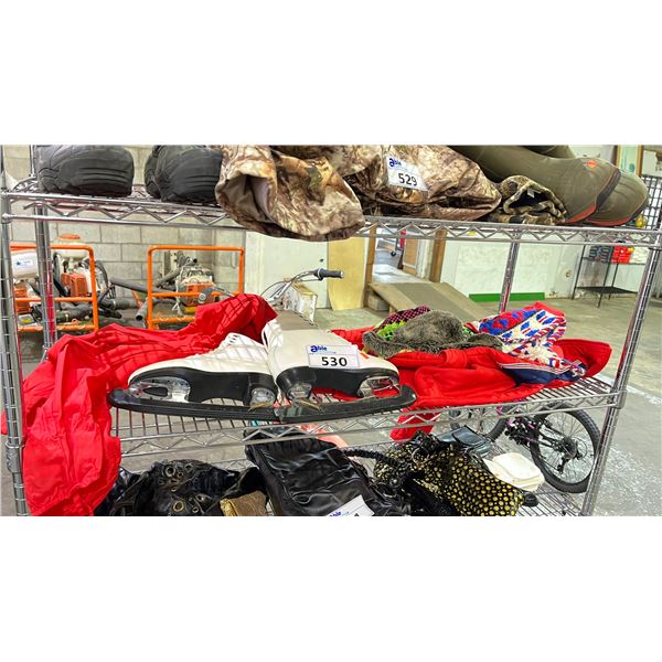 SHELF OF ASSORTED ITEMS INCLUDING; FIGURE SKATES, TOQUES & WINTER JACKET