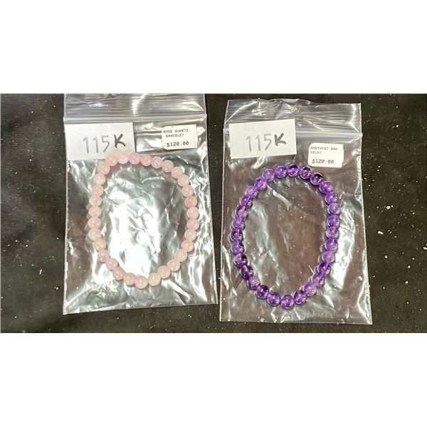AMETHYST & ROSE QUARTZ BEADED BRACELETS LISTED RETAIL $120EA