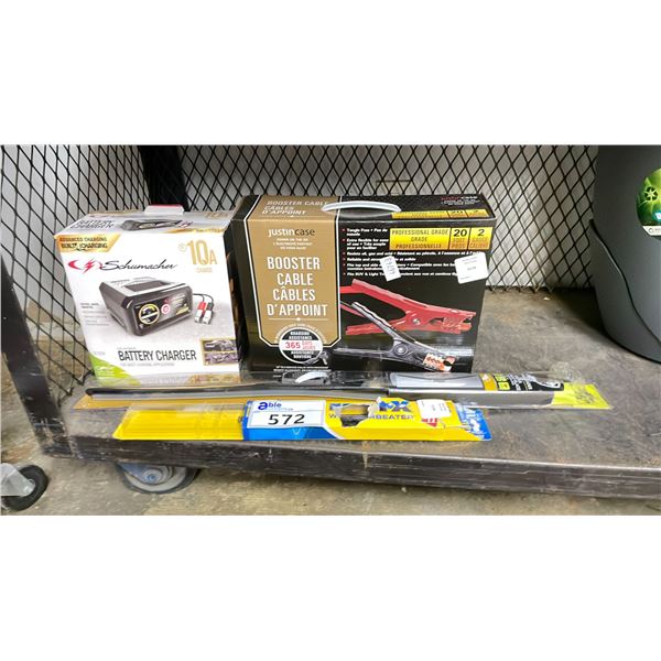 ASSORTED ITEMS INCLUDING; BATTERY CHARGER, BOOSTER CABLES & WINDSHIELD WIPERS
