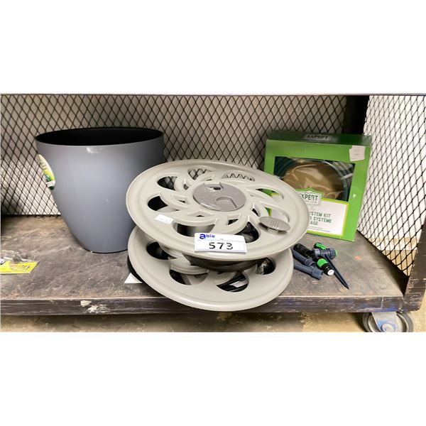 ASSORTED ITEMS INCLUDING; HOSE REEL, SPRINKLER SYSTEM KIT & PLANTER POT