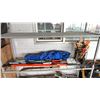 Image 1 : SHELF OF ASSORTED ITEMS INCLUDING; GARDEN TOOLS, CAMPING CHAIR, EXTENSION CORD & MORE