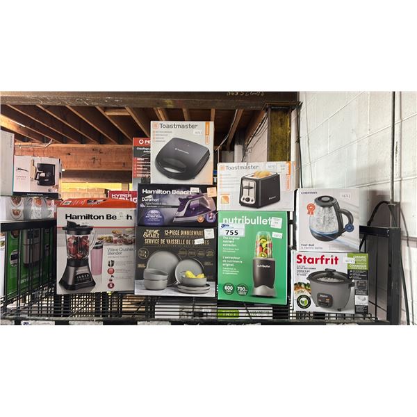 SMALL APPLIANCES INCLUDING SANDWICH MAKER, IRON, 2 SLICE TOASTER, GLASS ELECTRIC KETTLE, 10 CUP