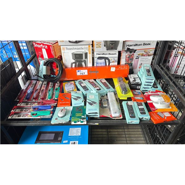 SHELF OF ASSORTED UNIVERSAL REMOTES, CABLES, 50" - 86" TV WALL MOUNT, BBQ LIGHTERS & MORE